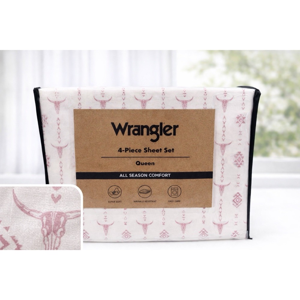 Wrangler 4 Pc Sheet Set Queen Steer Head Stripe Pink White Western‎ Farmhouse